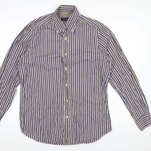 Massimo Dutti Men's Brown Striped Button-Up Shirt Size M Long Sleeve