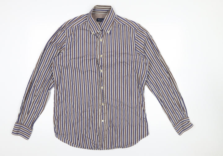 Massimo Dutti Men's Brown Striped Button-Up Shirt Size M Long Sleeve