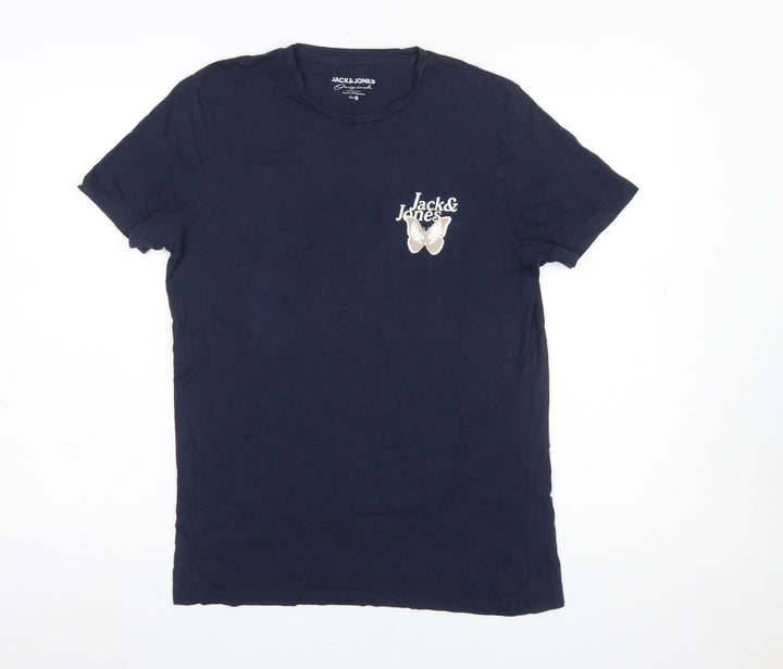 Jack & Jones Men's Blue Butterfly Logo Crew Neck T-Shirt Size S
