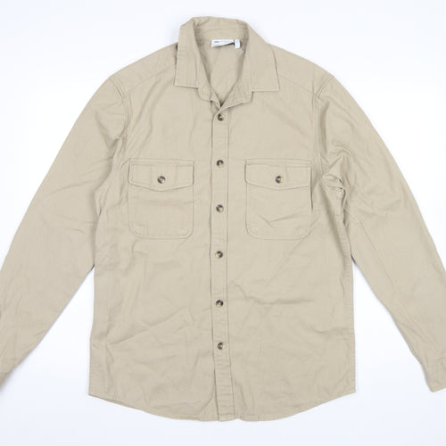 ASOS DESIGN Men's Beige Cotton Button-Up Shirt Size S Long Sleeve