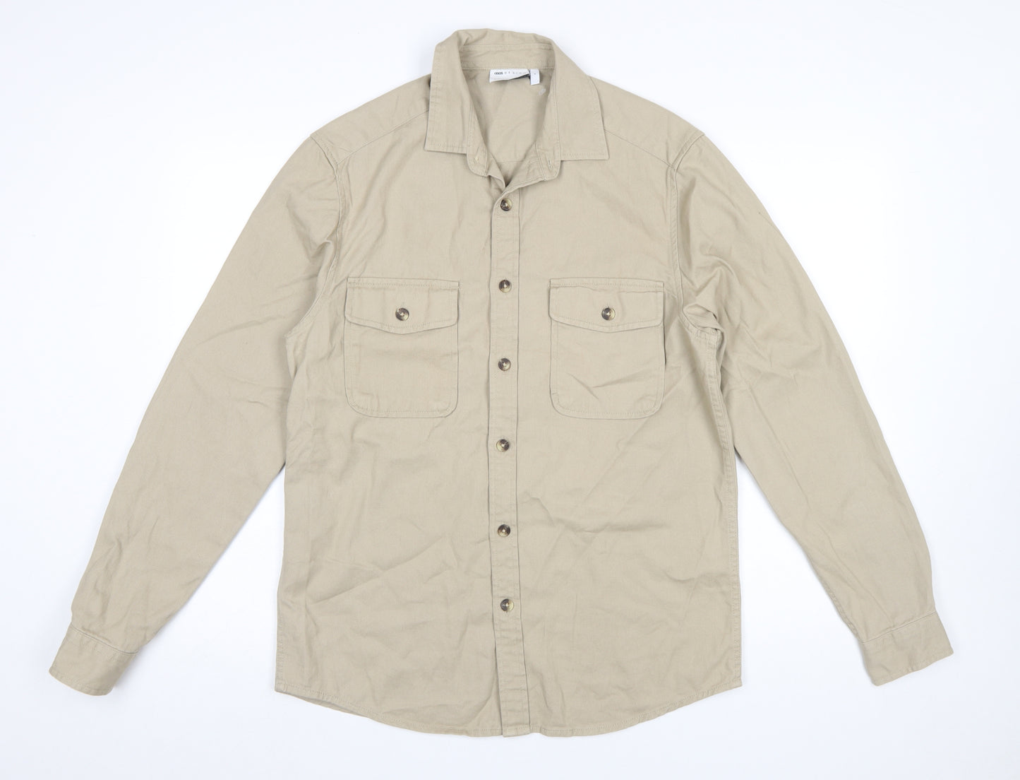 ASOS DESIGN Men's Beige Cotton Button-Up Shirt Size S Long Sleeve