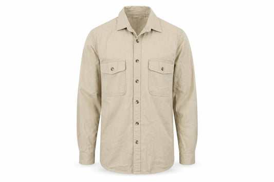 Front view of ASOS DESIGN Men's Beige Cotton Button-Up Shirt, size S, Long Sleeve