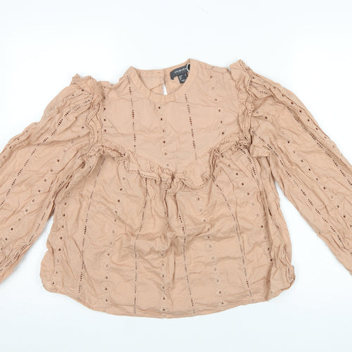 Primark Women Beige Ruffle Cotton Long Sleeve Tunic Blouse Size 6