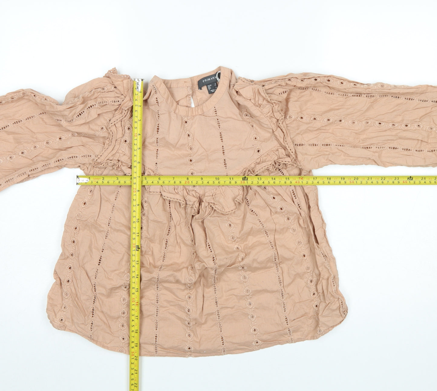 Primark Women Beige Ruffle Cotton Long Sleeve Tunic Blouse Size 6