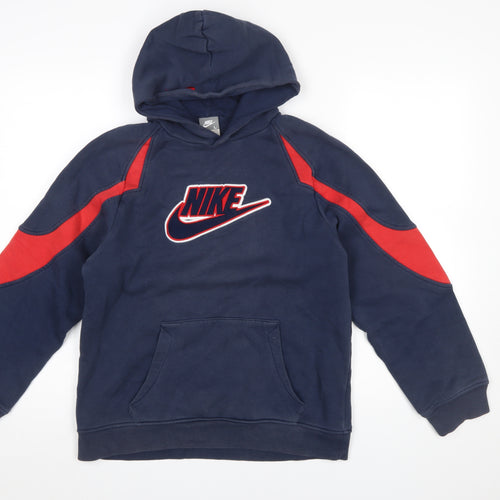 Nike Boys Navy & Red Pullover Hoodie Age 12-13 L Cotton Blend Athletic Sweatshirt