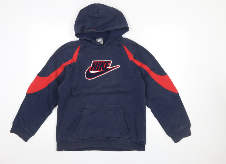 Nike Boys Navy & Red Pullover Hoodie Age 12-13 L Cotton Blend Athletic Sweatshirt