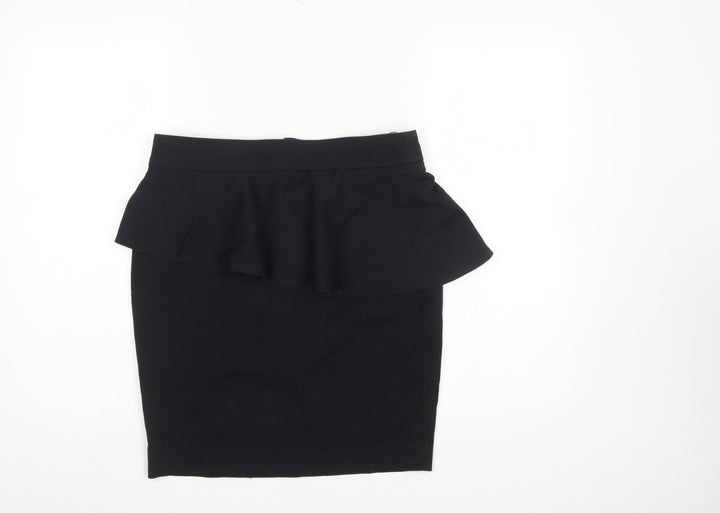 Zara Women Black L Pencil Peplum Stretch Skirt Knee Length Workwear