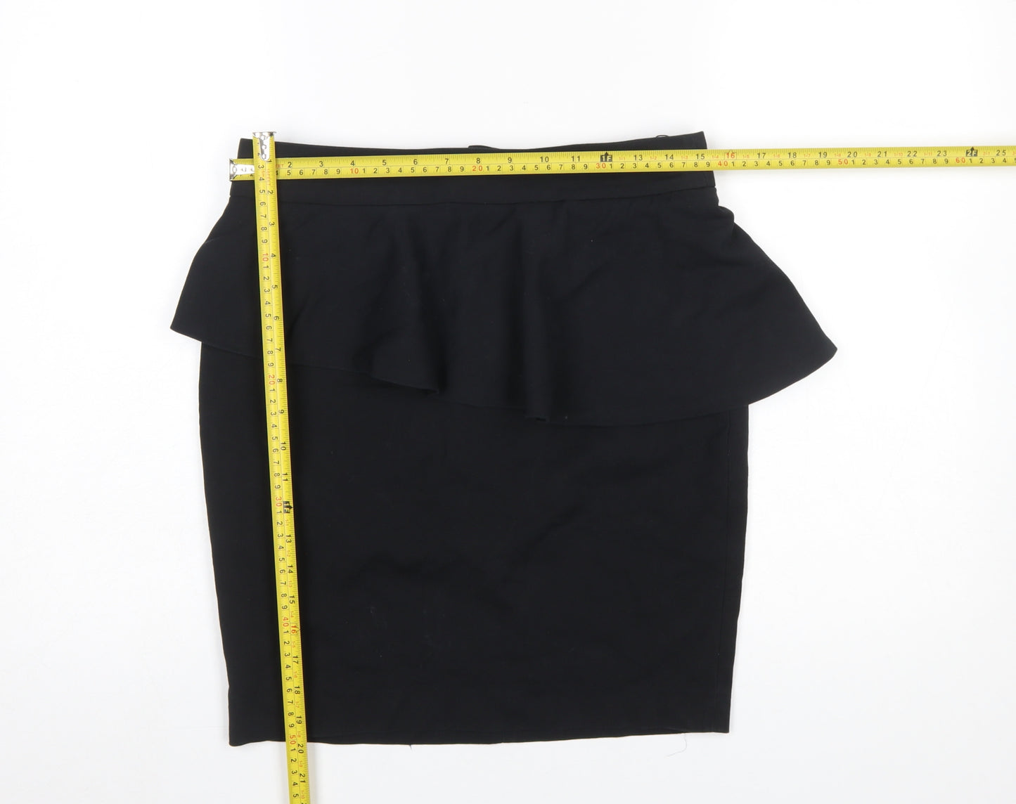 Zara Women Black L Pencil Peplum Stretch Skirt Knee Length Workwear