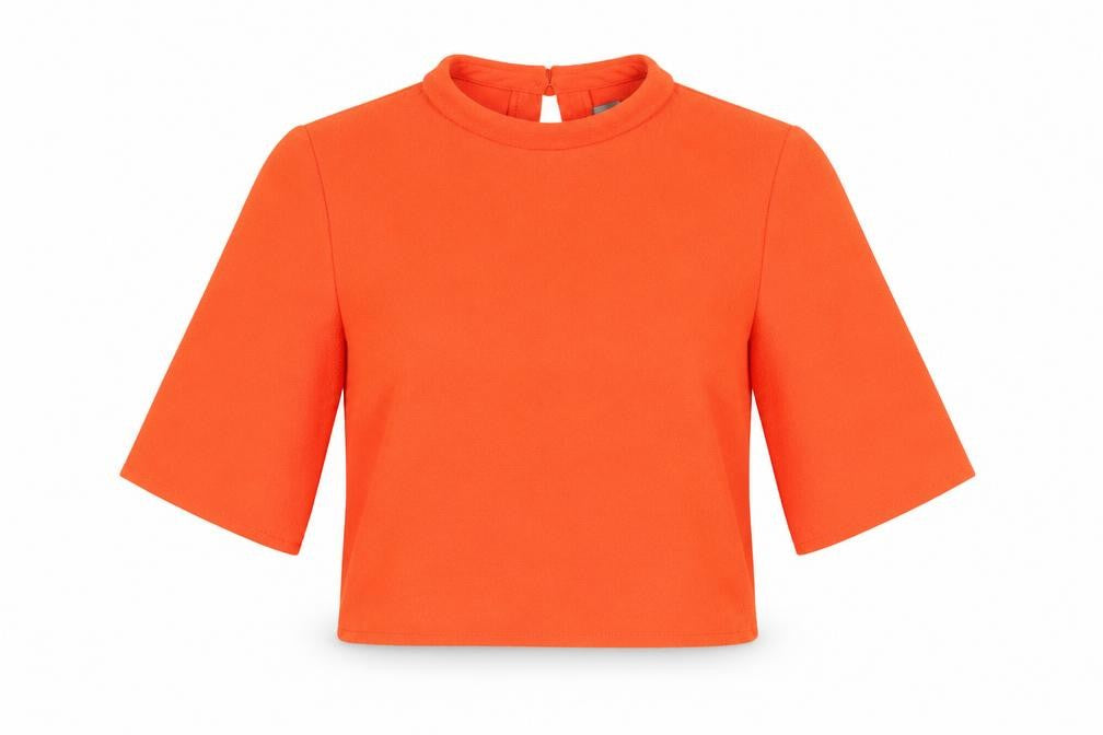 Front view of Vero Moda women’s orange cropped blouse, size S, high neck 3/4 sleeve