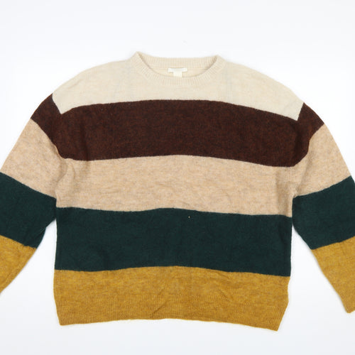 H&M Women’s Multicoloured Striped Chunky Knit Crew Jumper Size 8