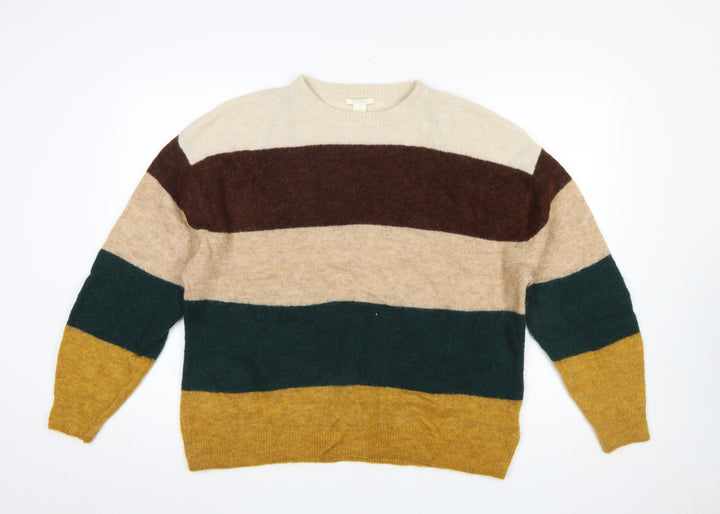 H&M Women’s Multicoloured Striped Chunky Knit Crew Jumper Size 8