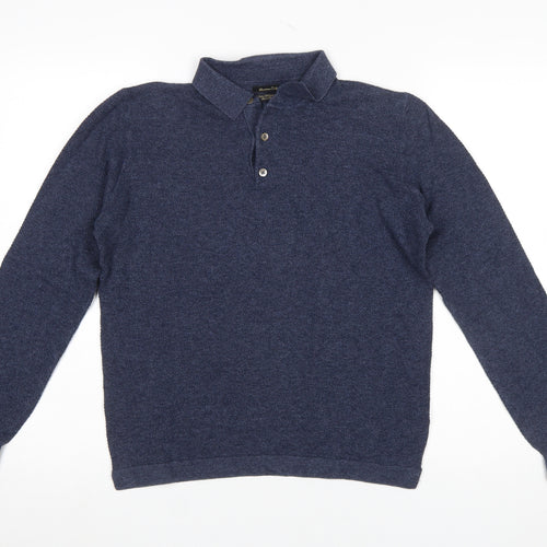 Massimo Dutti Men's Blue Cotton Silk Cashmere Long Sleeve Polo M
