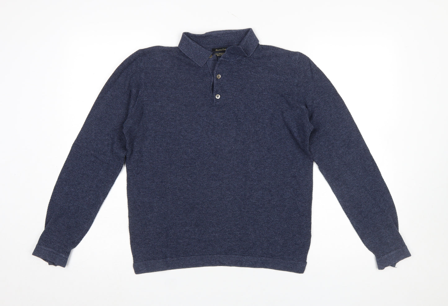 Massimo Dutti Men's Blue Cotton Silk Cashmere Long Sleeve Polo M