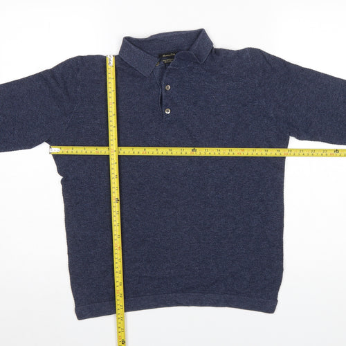 Massimo Dutti Men's Blue Cotton Silk Cashmere Long Sleeve Polo M