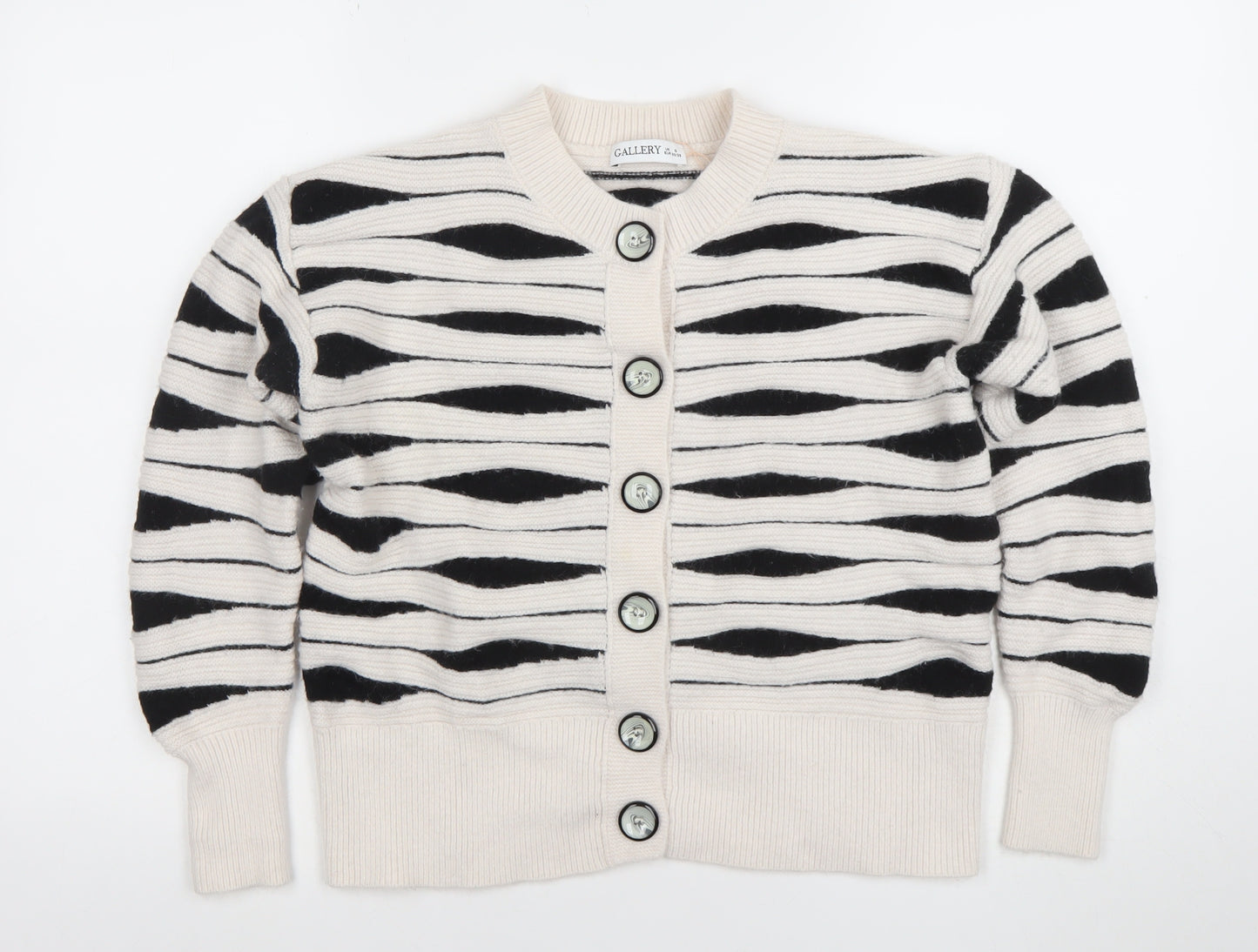 Gallery Women’s Ivory Black Striped Chunky Knit Cardigan Size S