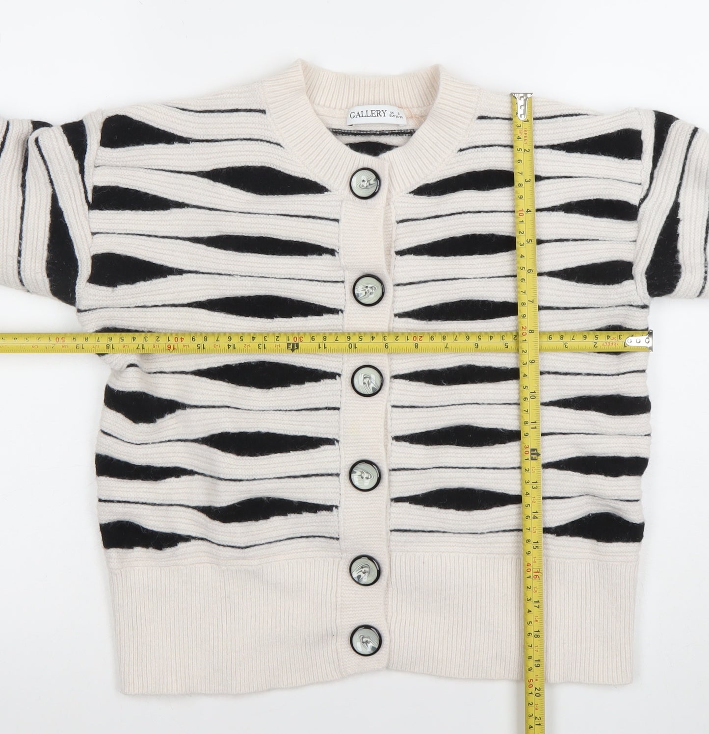 Gallery Women’s Ivory Black Striped Chunky Knit Cardigan Size S