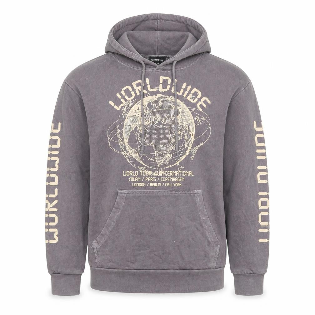 Front view of PRETTYLITTLETHING Men's Grey Graphic Hoodie M Pullover World Tour