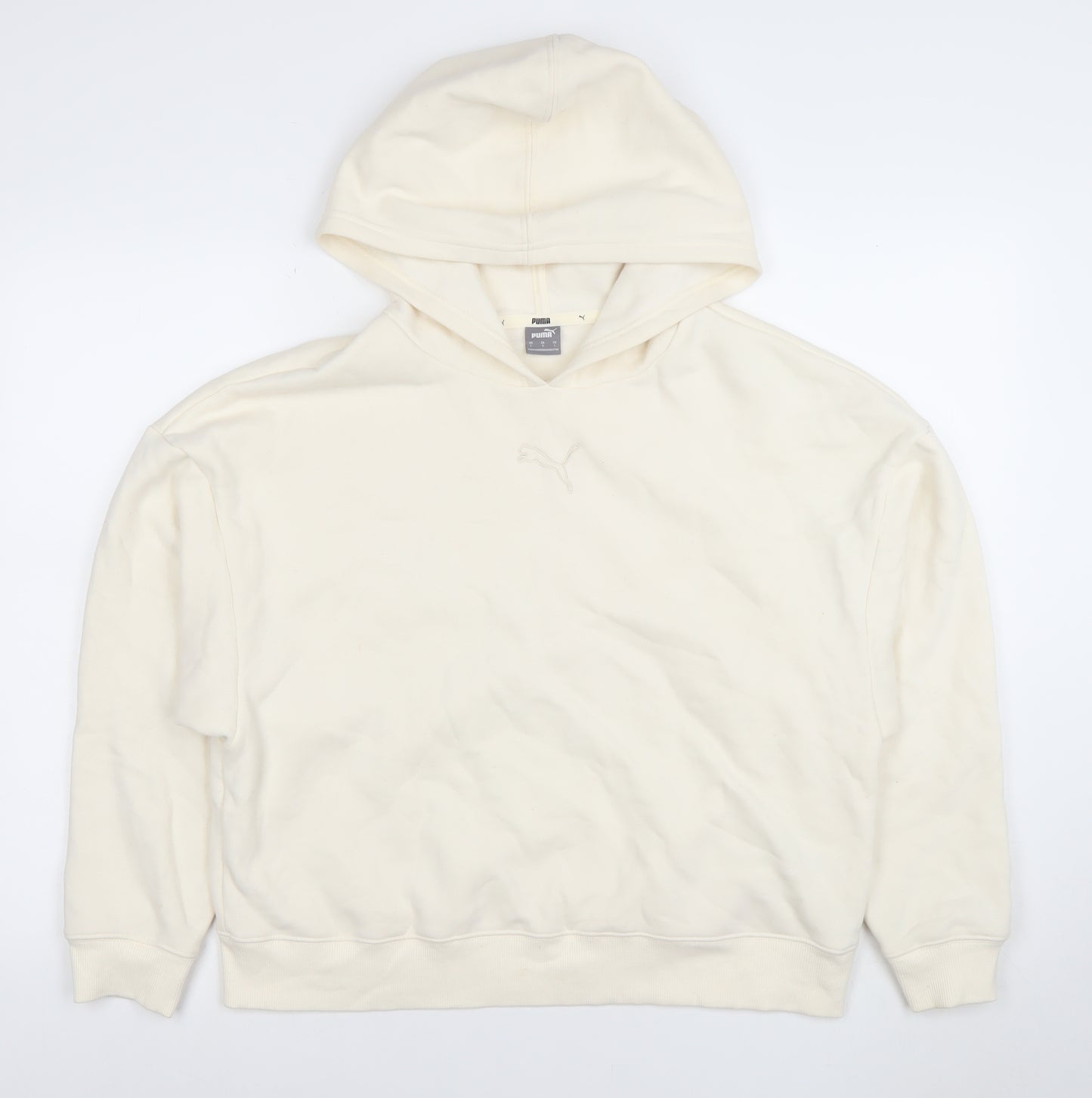 Puma Women Ivory Pullover Hoodie L Cotton Blend Logo Casual