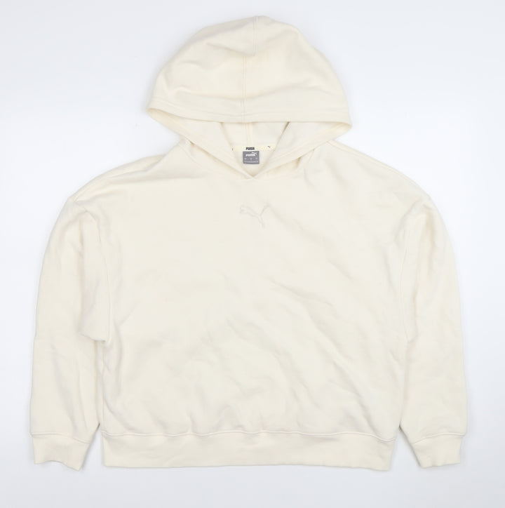 Puma Women Ivory Pullover Hoodie L Cotton Blend Logo Casual