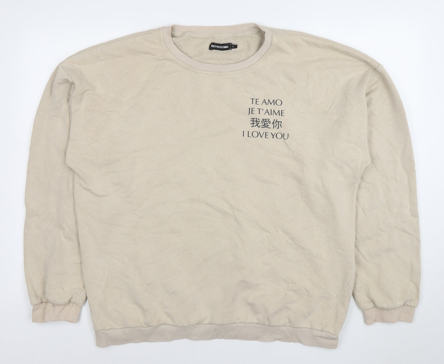 PrettyLittleThing Womens Beige Cotton Blend Pullover Sweatshirt L