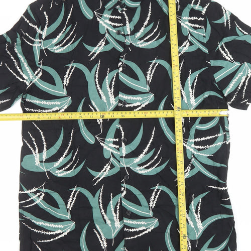 Topman Men's Black Green Floral Short Sleeve Button-Up Shirt M