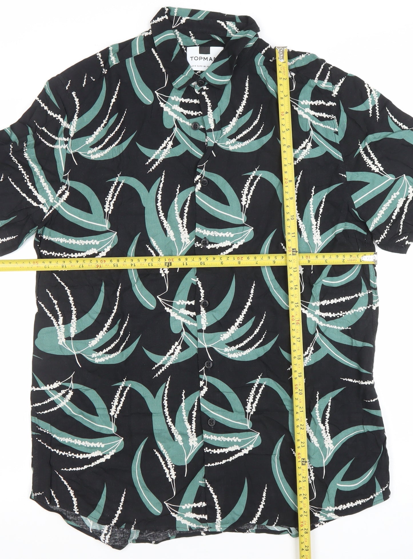 Topman Men's Black Green Floral Short Sleeve Button-Up Shirt M