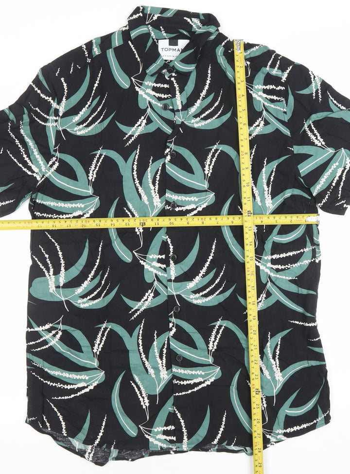 Topman Men's Black Green Floral Short Sleeve Button-Up Shirt M