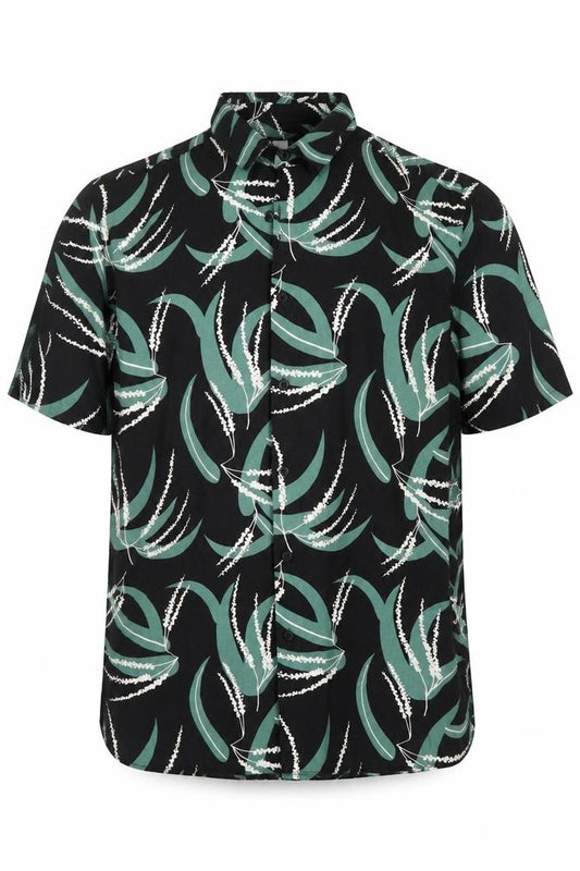 Front view of Topman Men's Black Green Floral Short Sleeve Button-Up Shirt M
