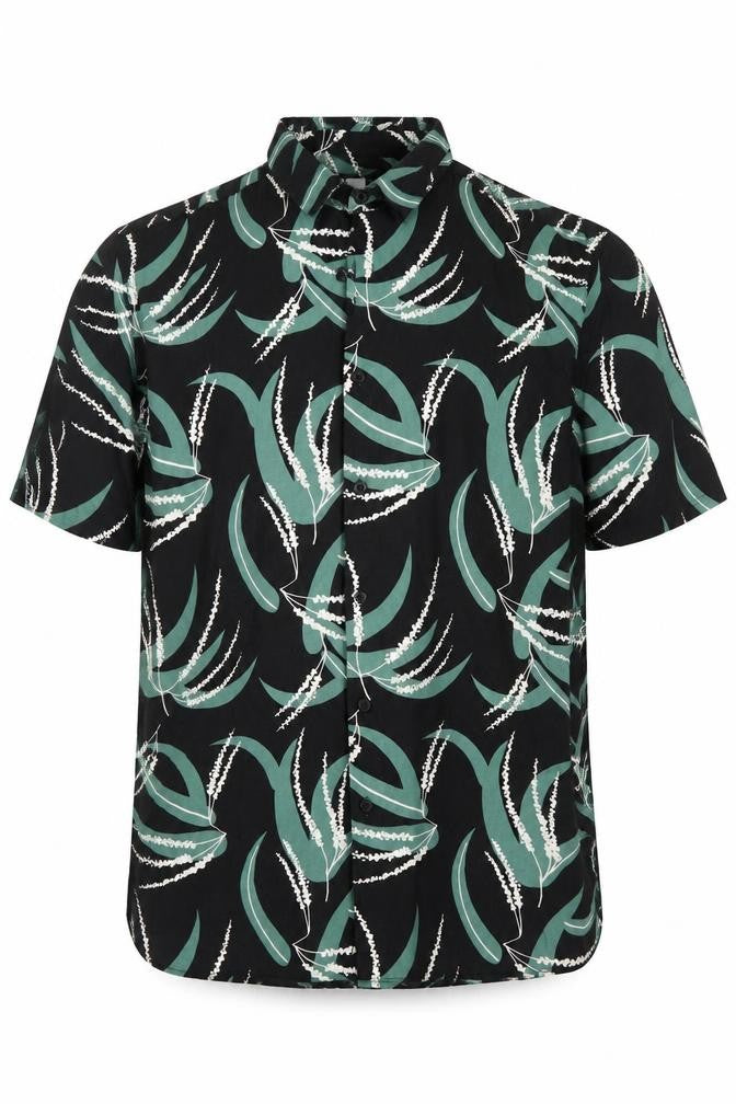 Topman Men's Black Green Floral Short Sleeve Button-Up Shirt M
