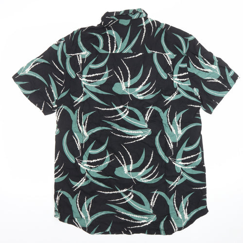 Topman Men's Black Green Floral Short Sleeve Button-Up Shirt M