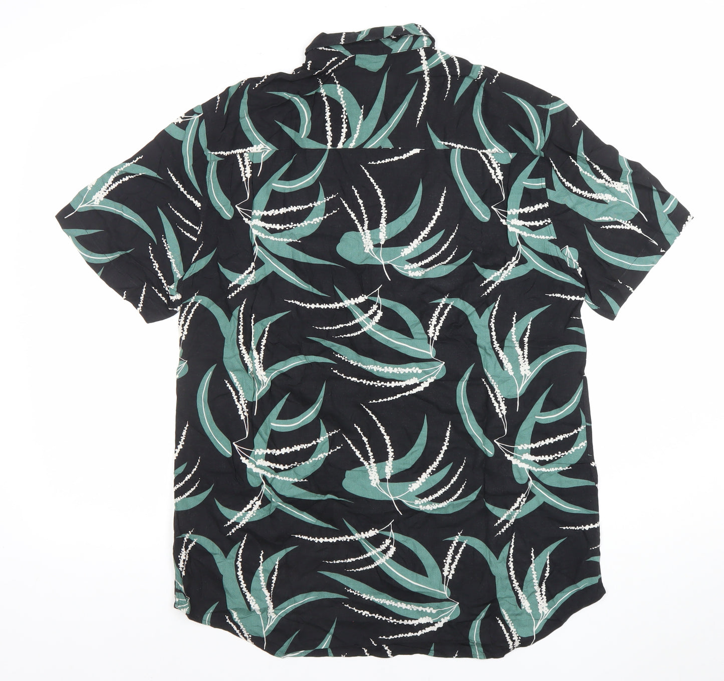 Topman Men's Black Green Floral Short Sleeve Button-Up Shirt M