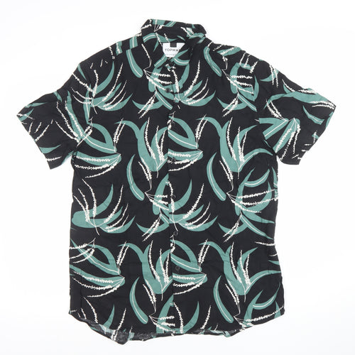 Topman Men's Black Green Floral Short Sleeve Button-Up Shirt M
