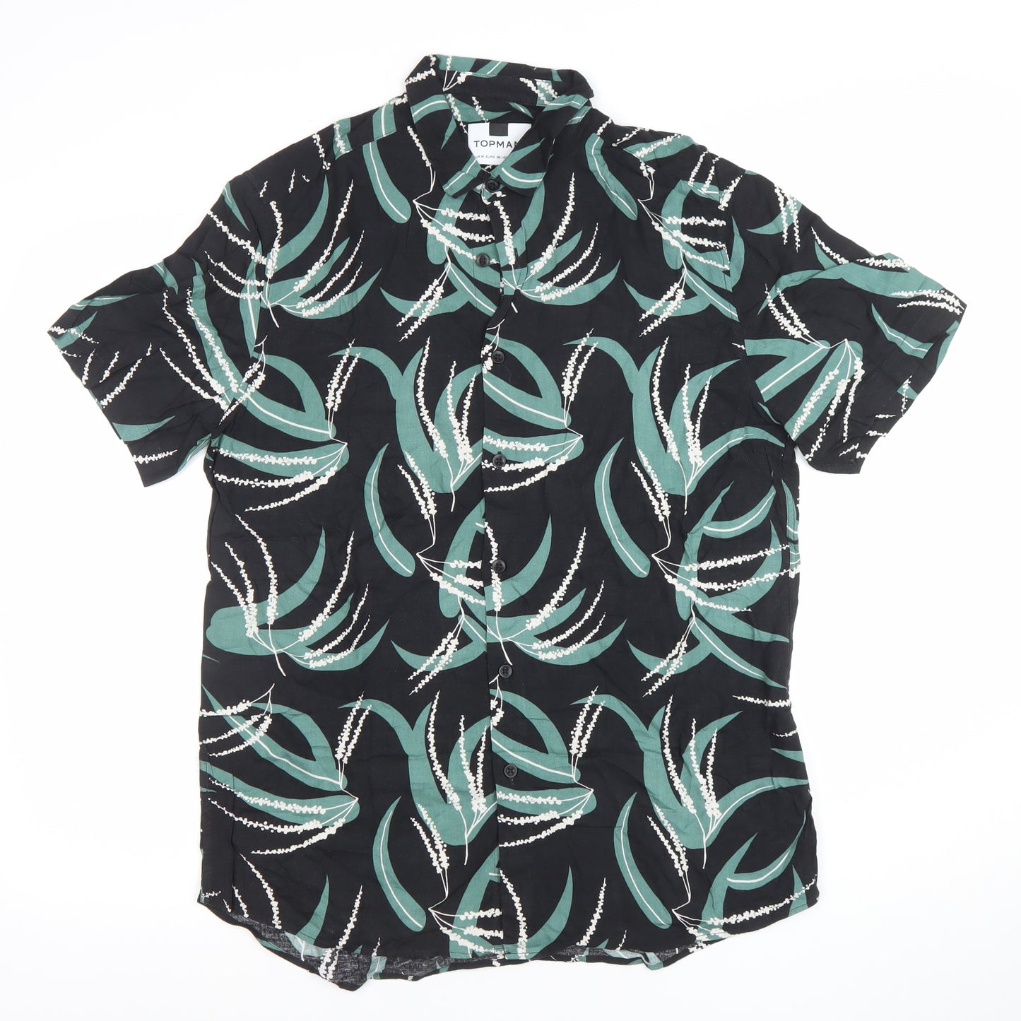 Topman Men's Black Green Floral Short Sleeve Button-Up Shirt M
