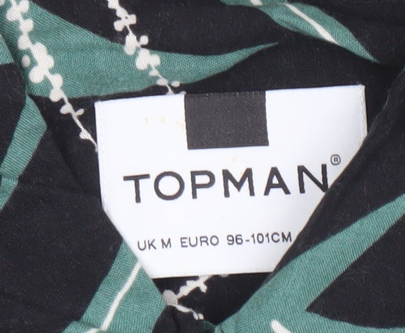 Topman Men's Black Green Floral Short Sleeve Button-Up Shirt M