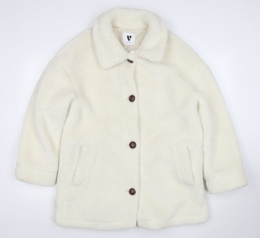 Very Women Ivory Fleece Button Coat Size 14 Winter Classic