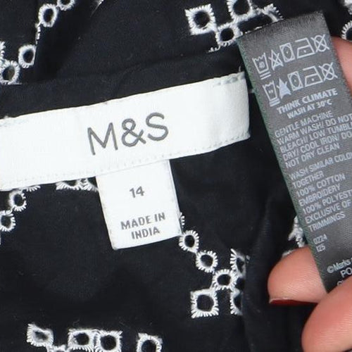 Marks and Spencer Women Black Size 14 Embroidered A-Line Dress