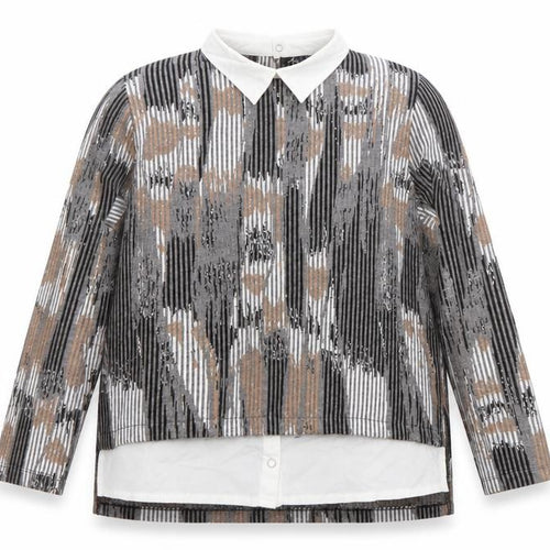 Sophie B Women’s Grey Collared Long Sleeve Striped Tunic Blouse Size 16