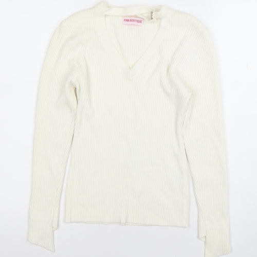 Pink Boutique Women Ivory V-Neck Ribbed Knit Long Sleeve Top Size L