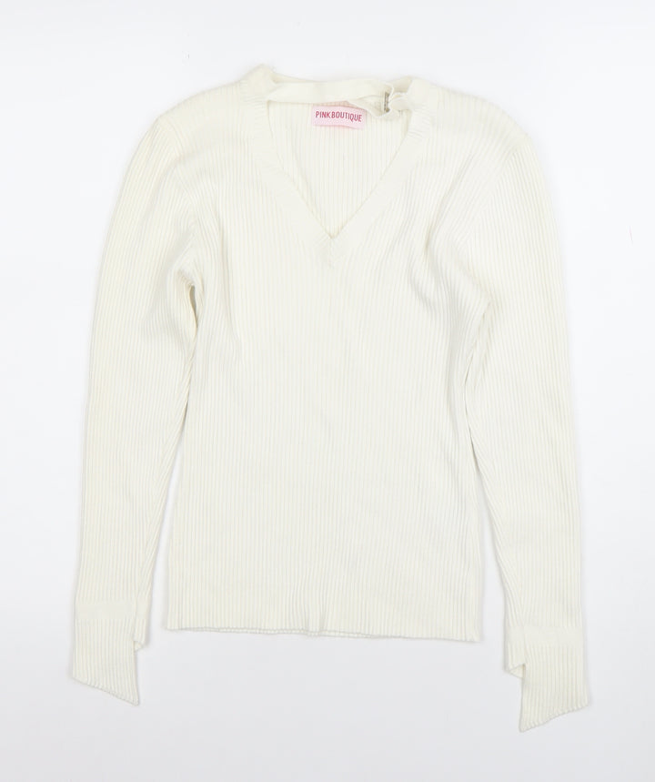 Pink Boutique Women Ivory V-Neck Ribbed Knit Long Sleeve Top Size L