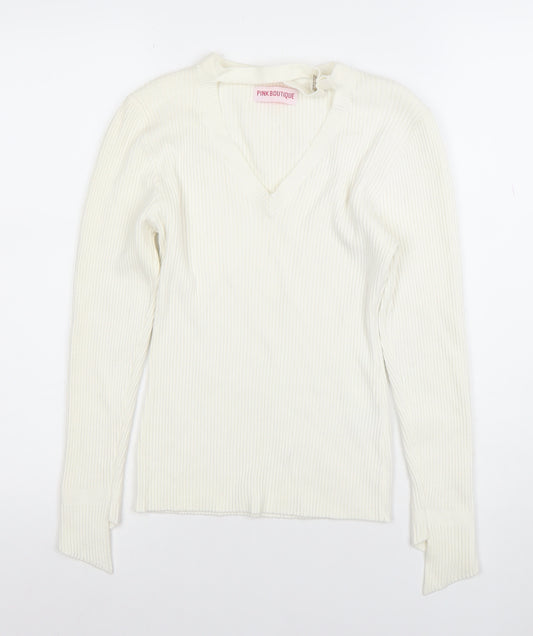 Pink Boutique Women Ivory V-Neck Ribbed Knit Long Sleeve Top Size L