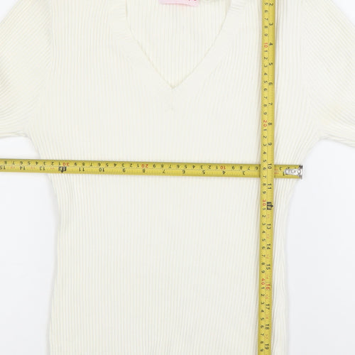 Pink Boutique Women Ivory V-Neck Ribbed Knit Long Sleeve Top Size L