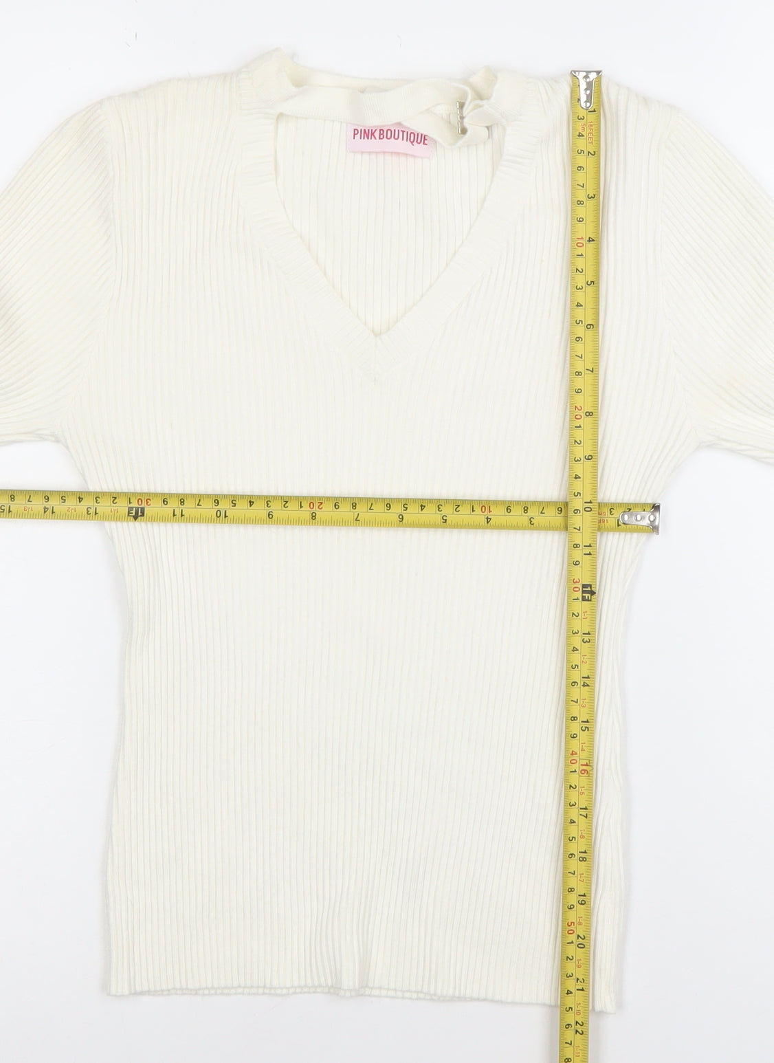 Pink Boutique Women Ivory V-Neck Ribbed Knit Long Sleeve Top Size L