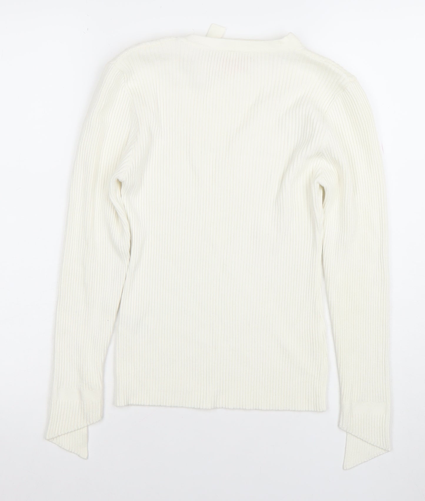 Pink Boutique Women Ivory V-Neck Ribbed Knit Long Sleeve Top Size L