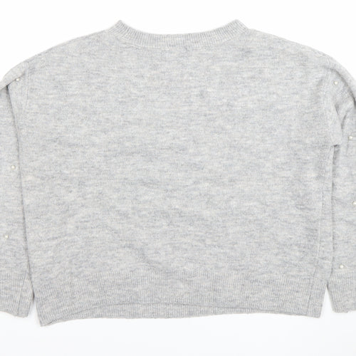 H&M Women's Grey Beaded Crew Neck Pullover Jumper Size S
