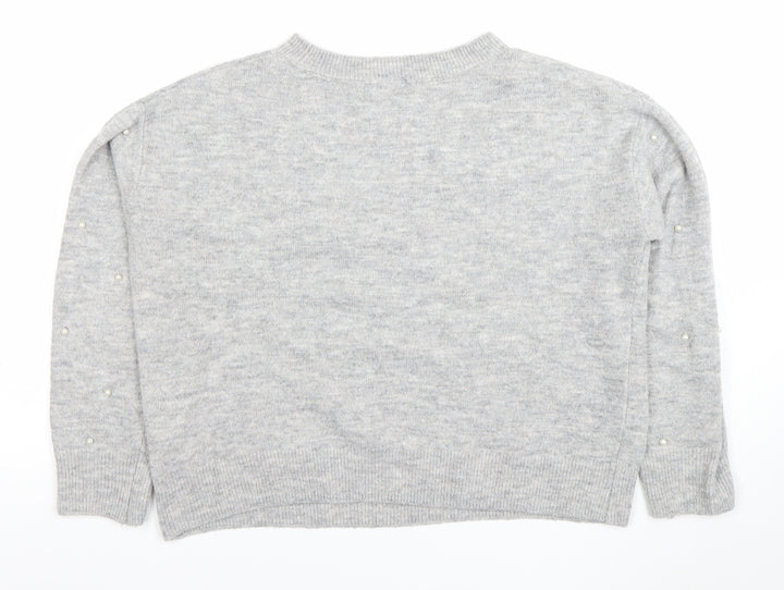 H&M Women's Grey Beaded Crew Neck Pullover Jumper Size S