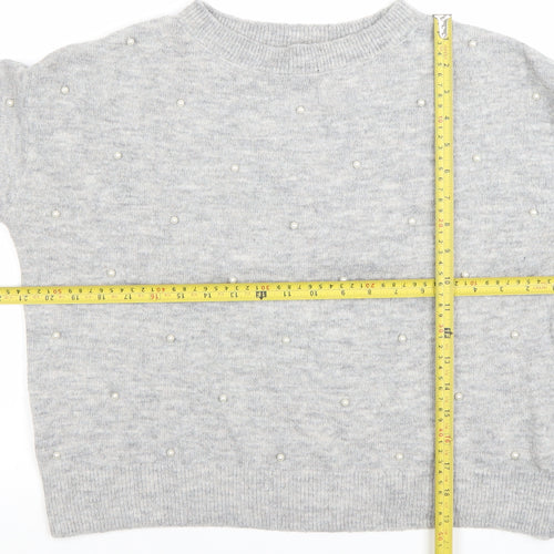 H&M Women's Grey Beaded Crew Neck Pullover Jumper Size S