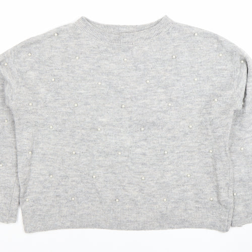 H&M Women's Grey Beaded Crew Neck Pullover Jumper Size S