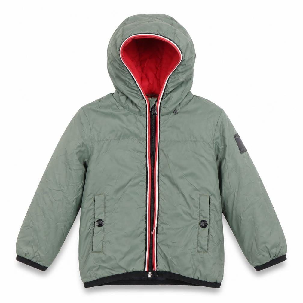 Front view of Replay boys’ green hooded puffer jacket 18 months lined winter coat