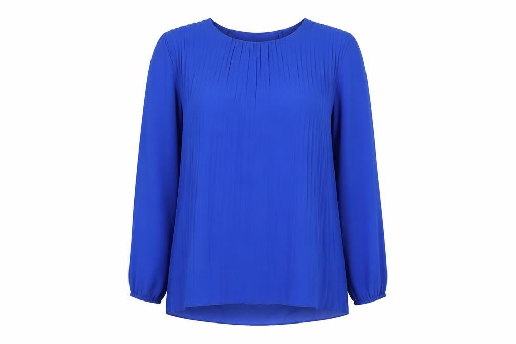 Front view of Gerard Women's Blue Pleated Long Sleeve Tunic Blouse, size S