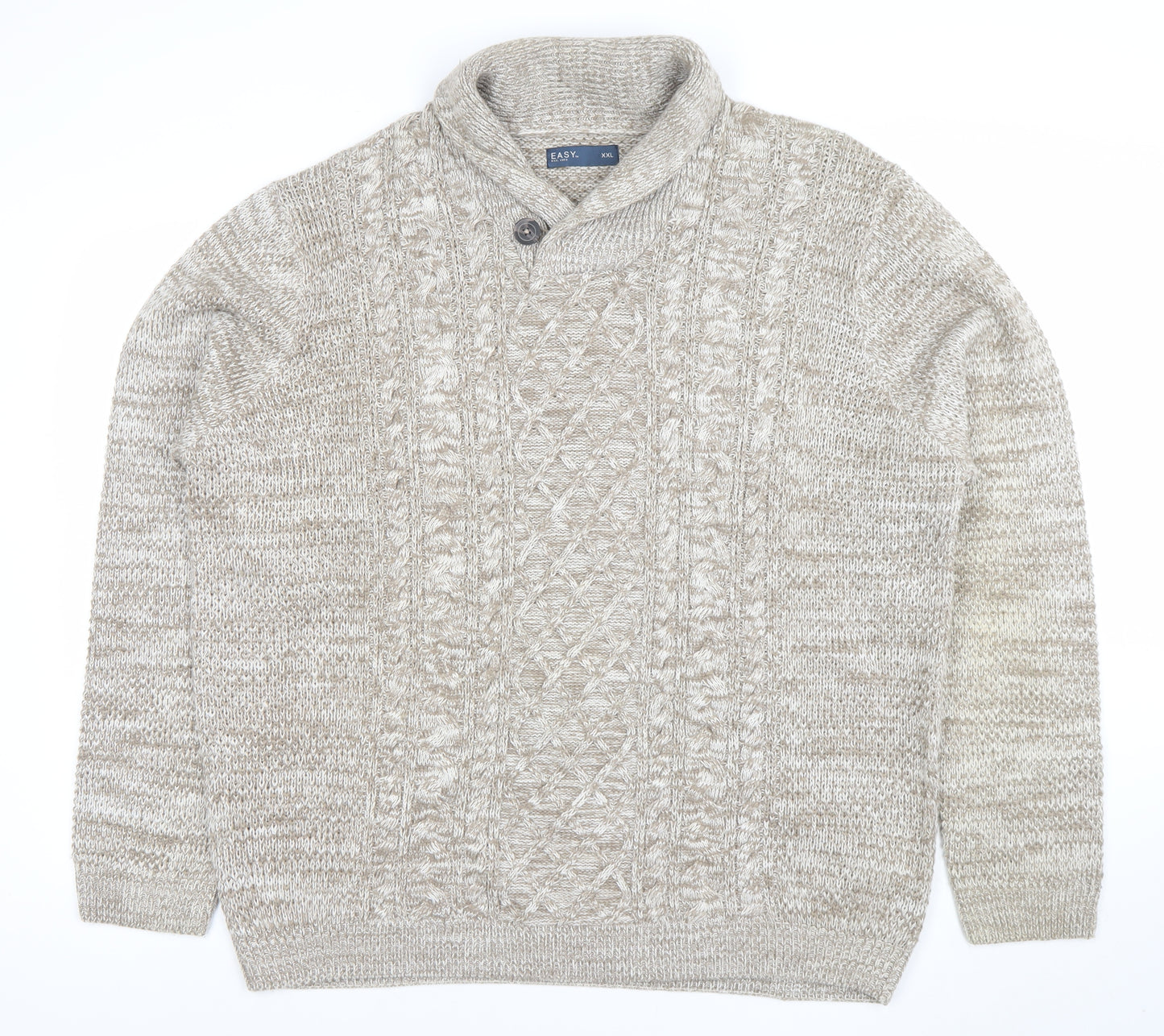 EASY Men's Beige 2XL Cable-Knit Collared Pullover Jumper